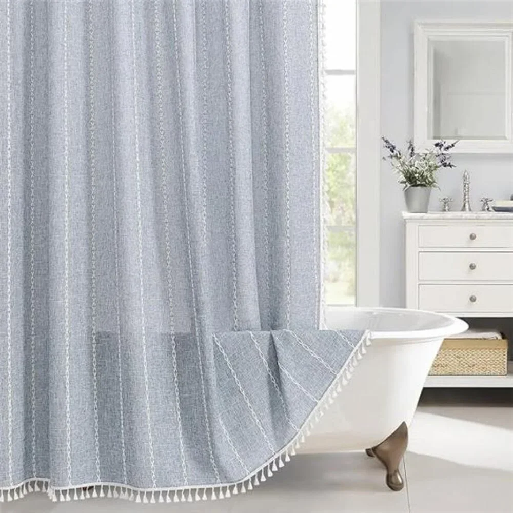 Blue Boho Fabric Shower Curtain, Modern Farmhouse Polyester Linen Shower Curtain